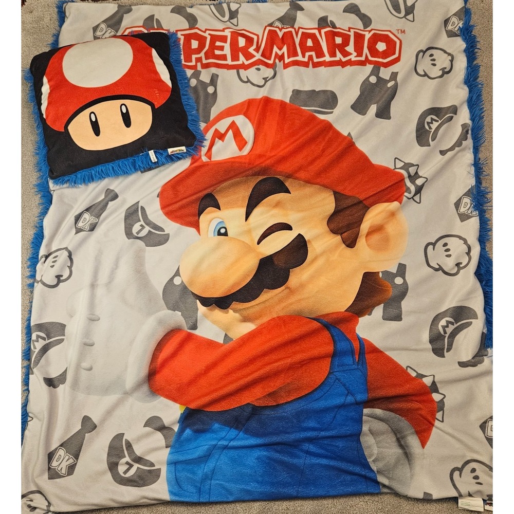Super Mario Blanket & Pillow Set Fuzzy Fringe Blue Mushroom Plush Throw Nintendo